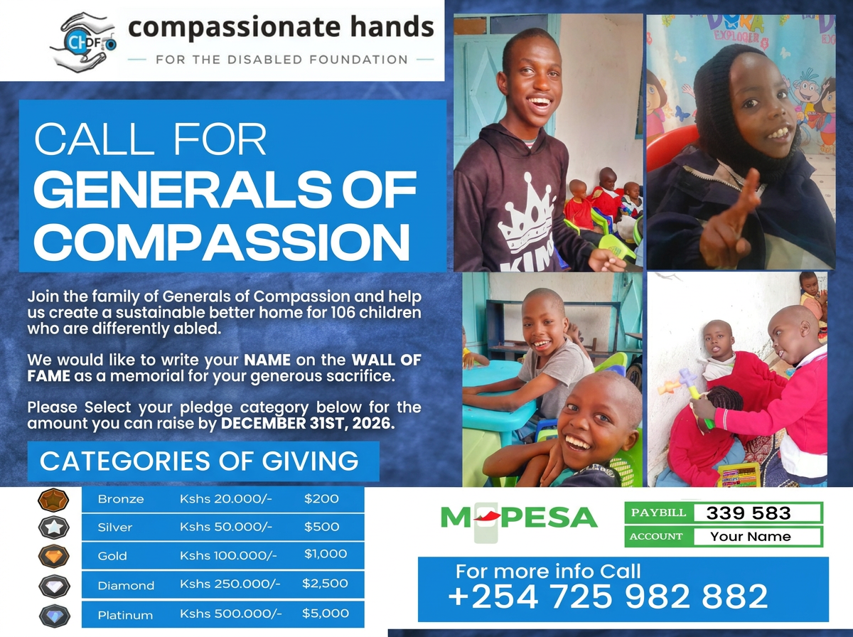 Call for Generals of Compassion — pledge categories Bronze to Platinum. M-PESA Paybill 339 583, Account: Your Name. Call +254 725 982 882.